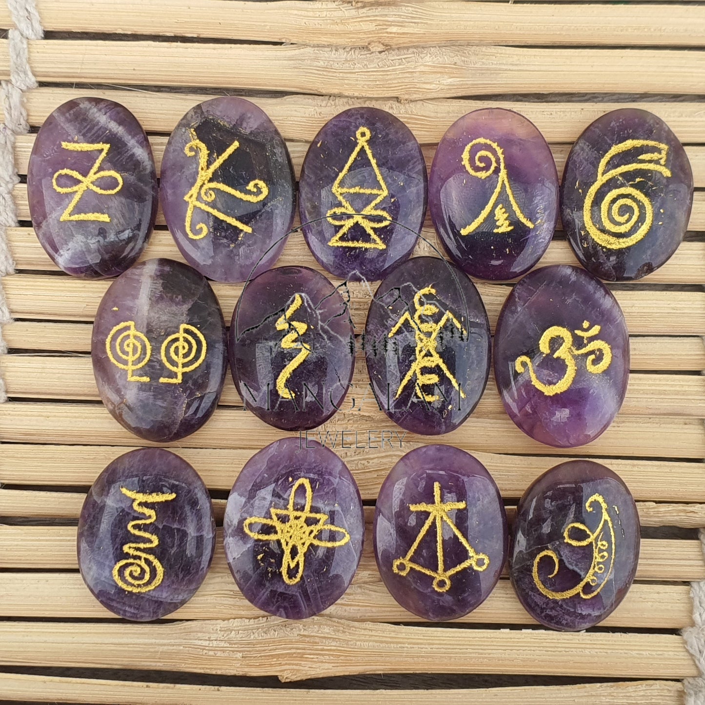 Karuna Reiki Set, Amethyst Karuna Runes, Complete 13 Piece Crystal Engraved Karuna Symbol Reiki Runes, Amethyst Reiki Set
