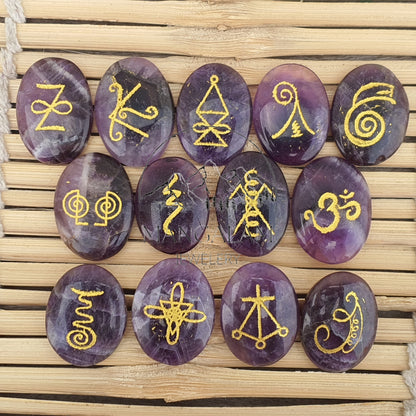 Karuna Reiki Set, Amethyst Karuna Runes, Complete 13 Piece Crystal Engraved Karuna Symbol Reiki Runes, Amethyst Reiki Set