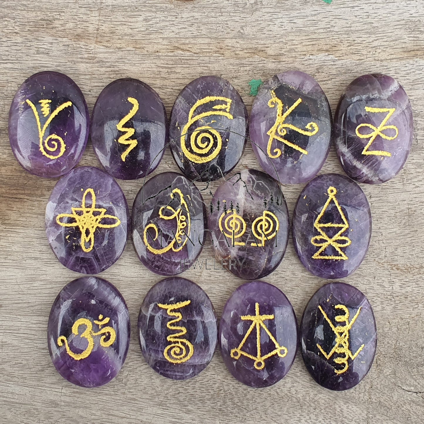 Karuna Reiki Set, Amethyst Karuna Runes, Complete 13 Piece Crystal Engraved Karuna Symbol Reiki Runes, Amethyst Reiki Set