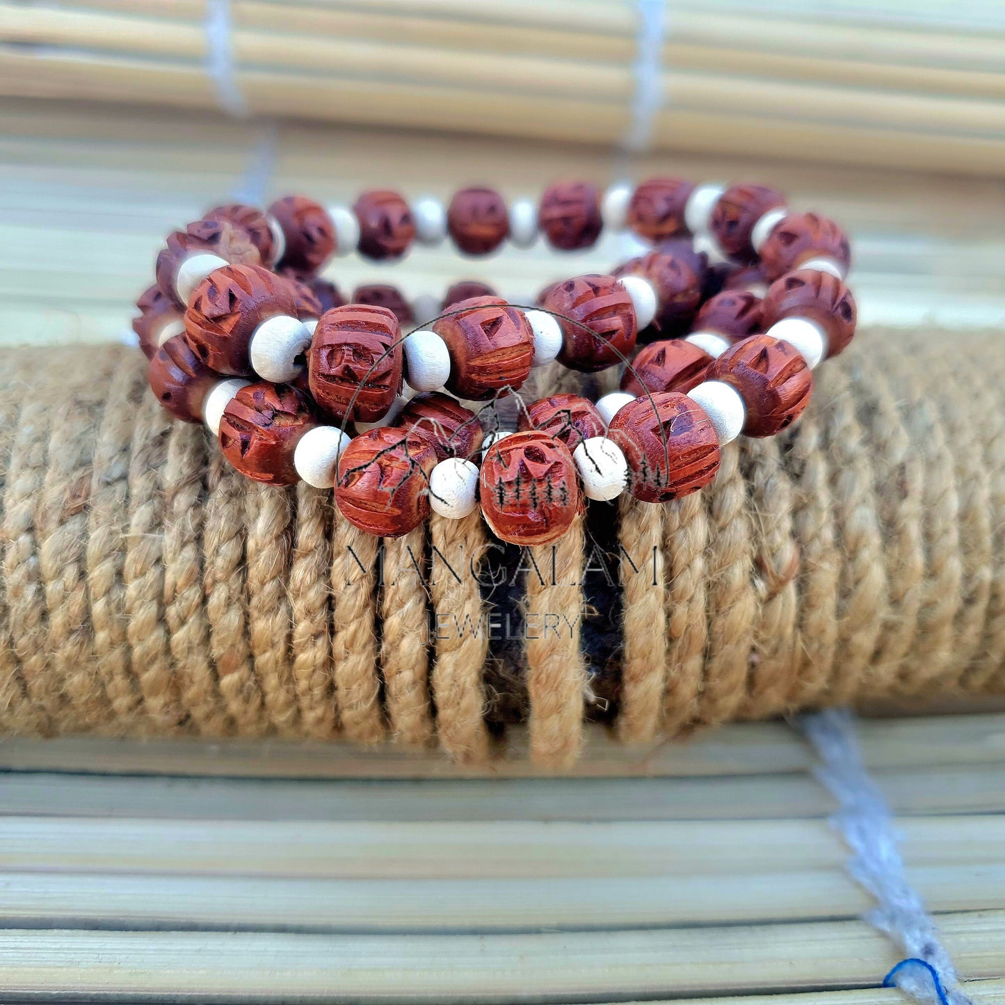Radha Engraved Light Brown Tulsi Mala, Basil Wood 1 Round Handmade Tulsi, Necklace • Tulsi Kantha Mala • Tulsi Beads • Tulsi Choker Radhe