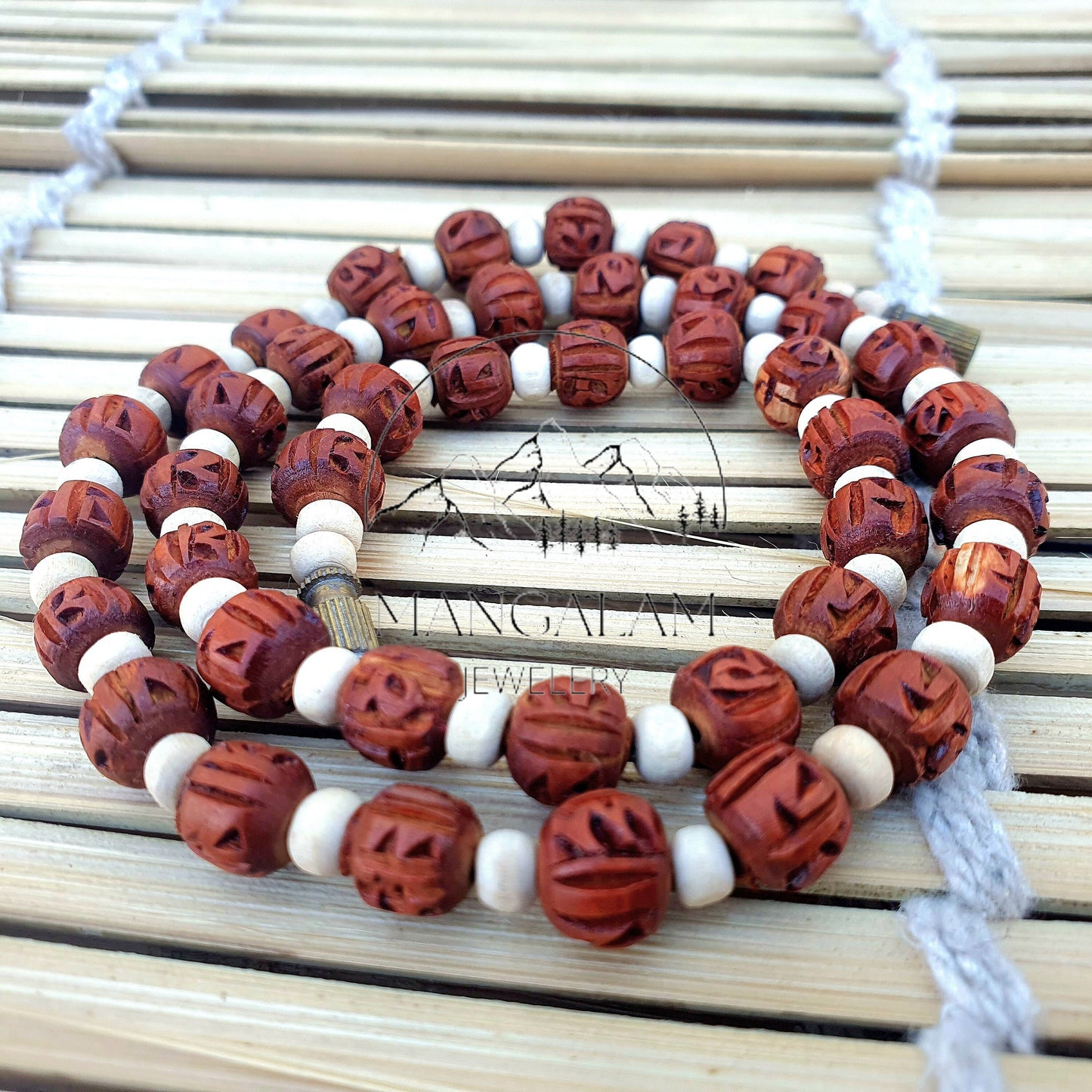 Radha Engraved Light Brown Tulsi Mala, Basil Wood 1 Round Handmade Tulsi, Necklace • Tulsi Kantha Mala • Tulsi Beads • Tulsi Choker Radhe