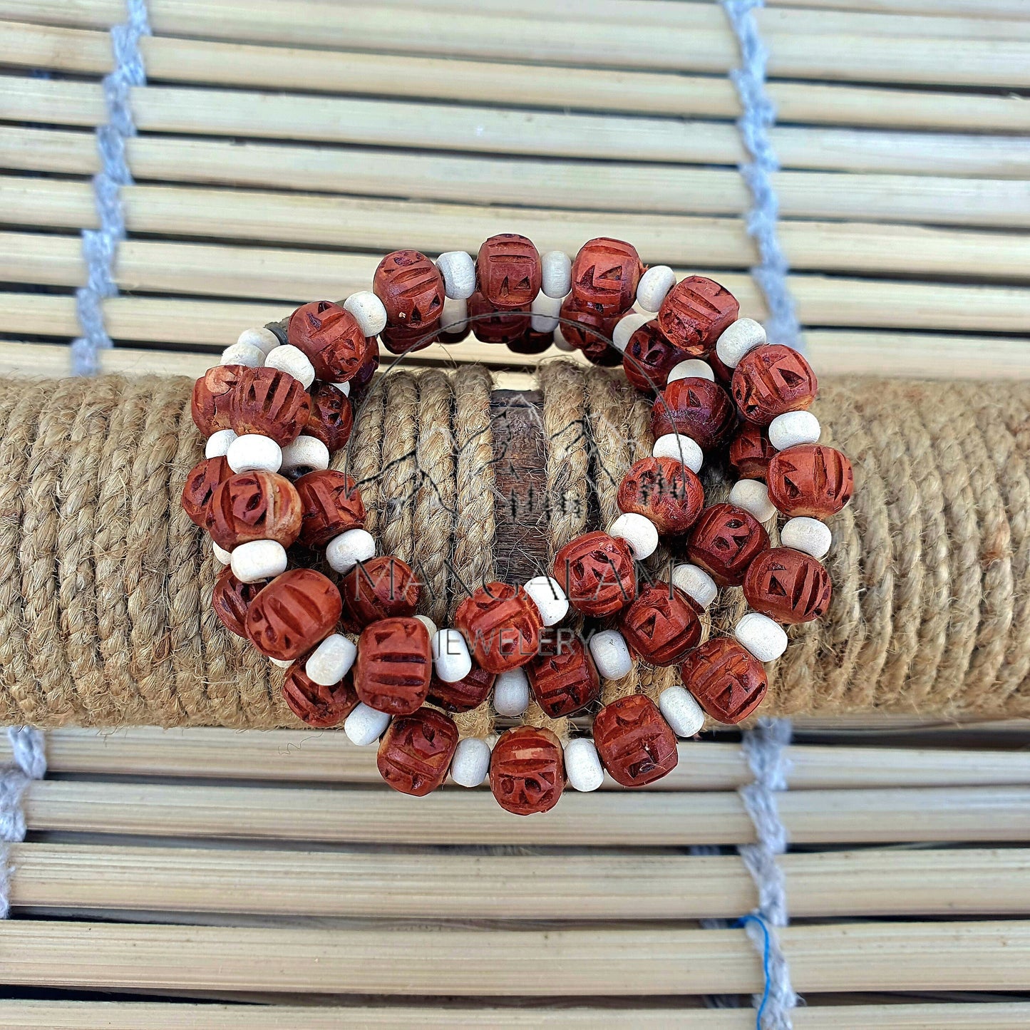 Radha Engraved Light Brown Tulsi Mala, Basil Wood 1 Round Handmade Tulsi, Necklace • Tulsi Kantha Mala • Tulsi Beads • Tulsi Choker Radhe