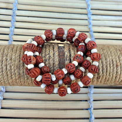 Radha Engraved Light Brown Tulsi Mala, Basil Wood 1 Round Handmade Tulsi, Necklace • Tulsi Kantha Mala • Tulsi Beads • Tulsi Choker Radhe