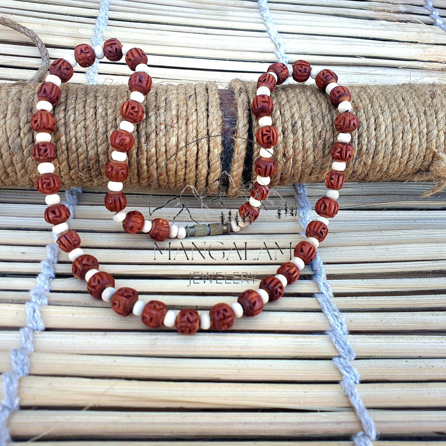 Radha Engraved Light Brown Tulsi Mala, Basil Wood 1 Round Handmade Tulsi, Necklace • Tulsi Kantha Mala • Tulsi Beads • Tulsi Choker Radhe