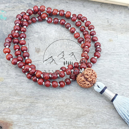 Red Sandalwood Mala, Rudraksha Sandalwood Necklace, Hand Knotted Mala, Sandalwood Buddhist Mala, Yoga Gifts, Statement Necklace