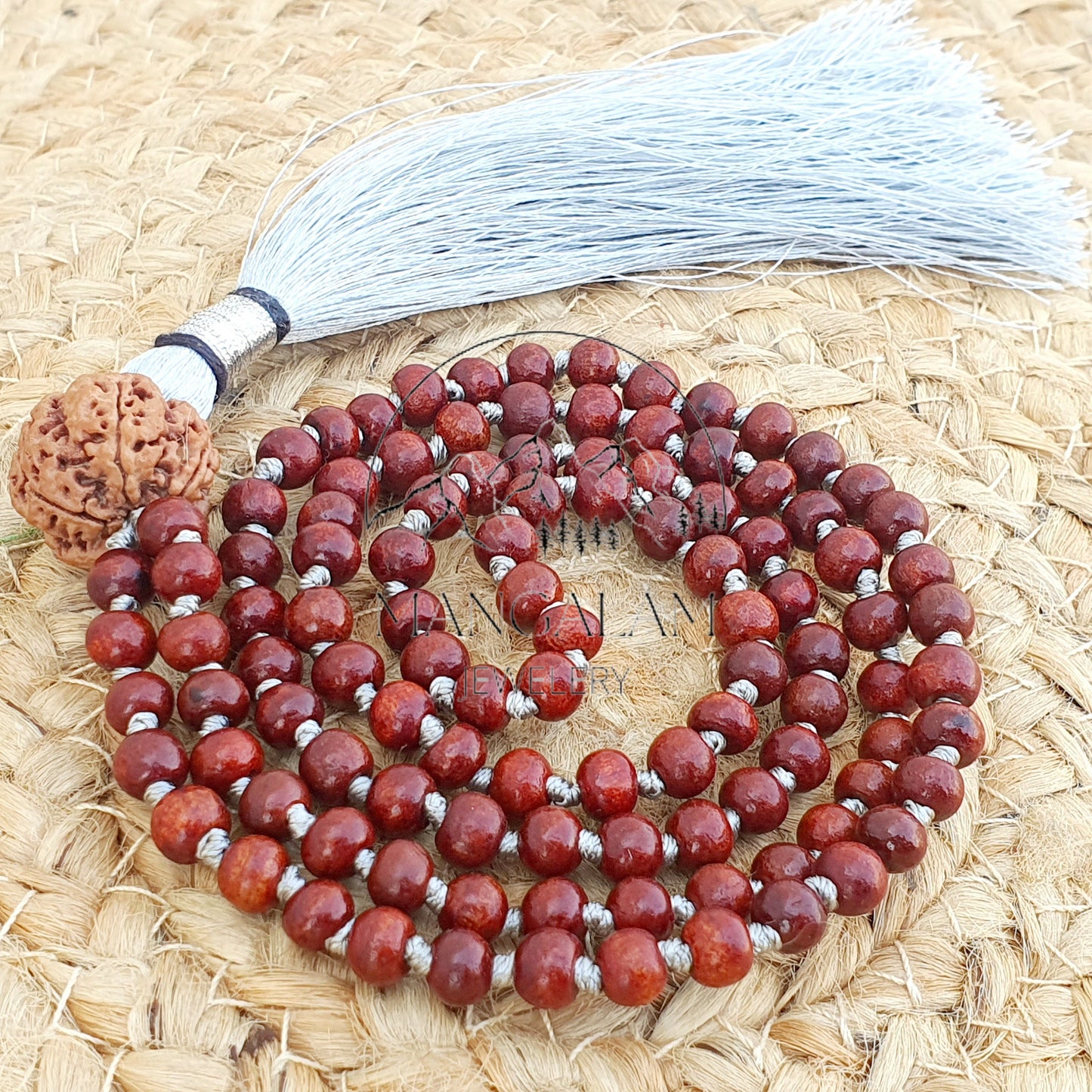 Red Sandalwood Mala, Rudraksha Sandalwood Necklace, Hand Knotted Mala, Sandalwood Buddhist Mala, Yoga Gifts, Statement Necklace