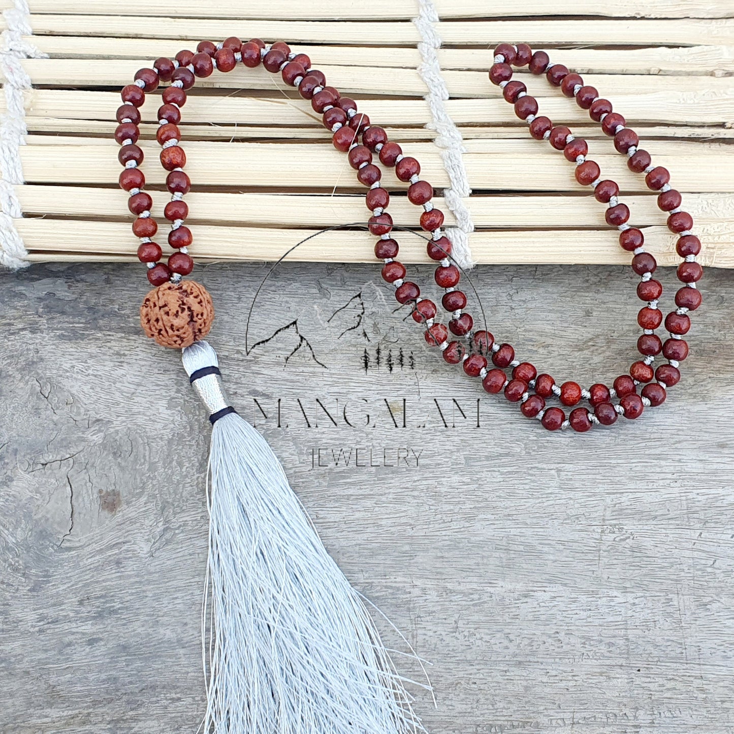 Red Sandalwood Mala, Rudraksha Sandalwood Necklace, Hand Knotted Mala, Sandalwood Buddhist Mala, Yoga Gifts, Statement Necklace