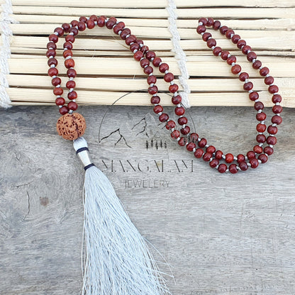 Red Sandalwood Mala, Rudraksha Sandalwood Necklace, Hand Knotted Mala, Sandalwood Buddhist Mala, Yoga Gifts, Statement Necklace