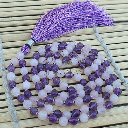 Protection And Love Mala 8MM, Multi Stone Necklace, Rose Quartz Mala, Amethyst Mala, 108 Mala Beads, Handmade Necklace,
