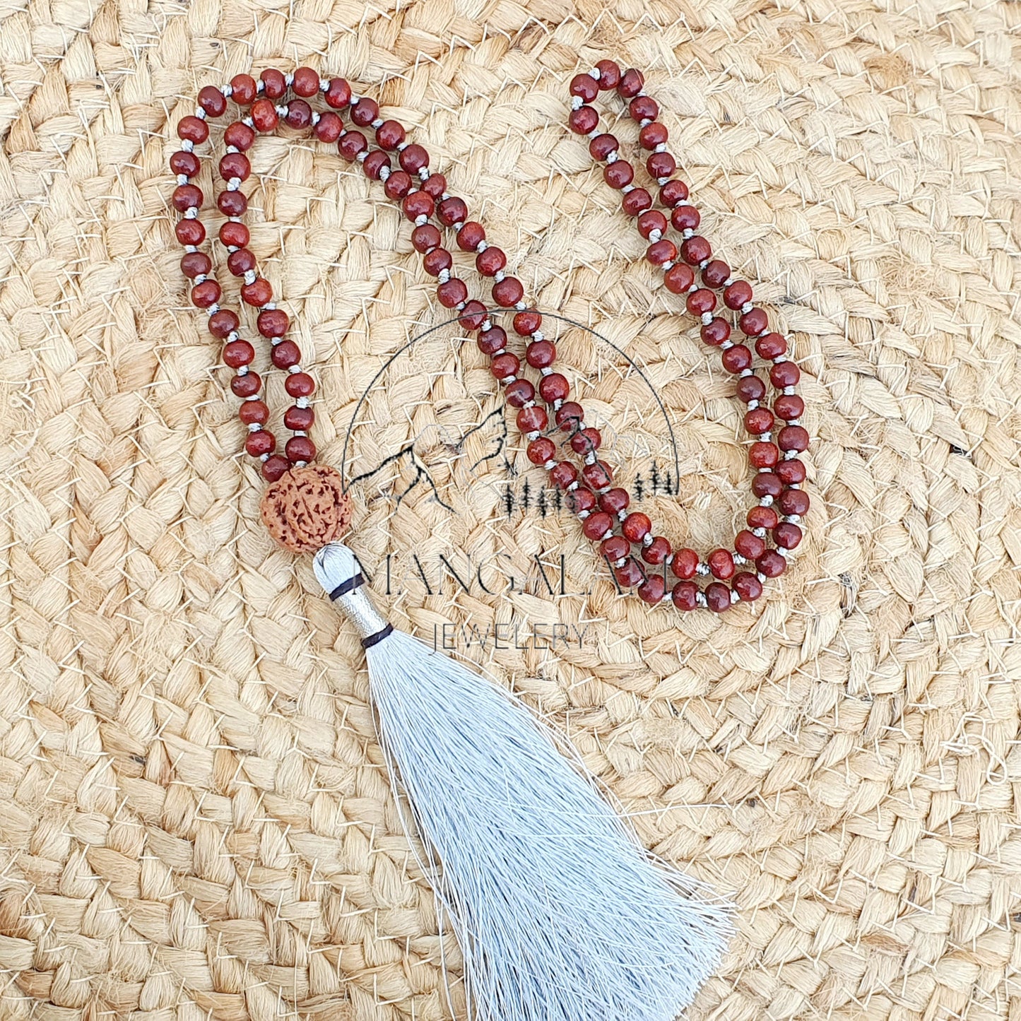 Red Sandalwood Mala, Rudraksha Sandalwood Necklace, Hand Knotted Mala, Sandalwood Buddhist Mala, Yoga Gifts, Statement Necklace