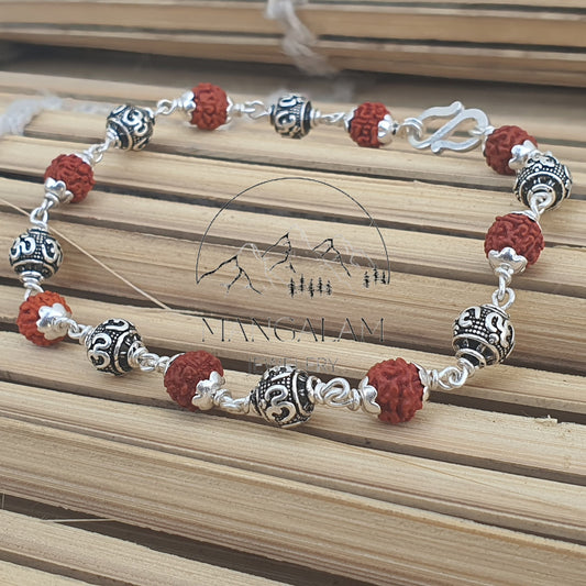 925 Sterling Silver Capped Rudraksha Beads Bracelet with Om Charm, Rudraksha Bracelet, Om Bracelet, Silver Bracelet