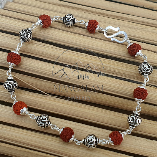 925 Sterling Silver Capped Rudraksha Beads Bracelet with Om Charm, Rudraksha Bracelet, Om Bracelet, Silver Bracelet
