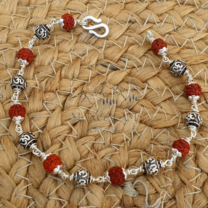 925 Sterling Silver Capped Rudraksha Beads Bracelet with Om Charm, Rudraksha Bracelet, Om Bracelet, Silver Bracelet
