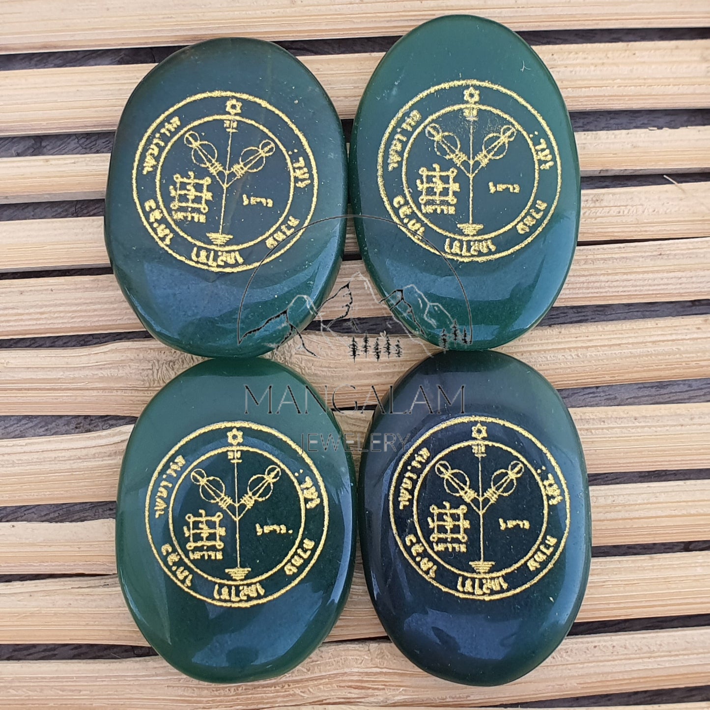 Karuna Reiki Set, Green Jade Karuna Runes, Complete 13 Piece Crystal Engraved Karuna Symbol Reiki Runes, Green Jade Reiki Set