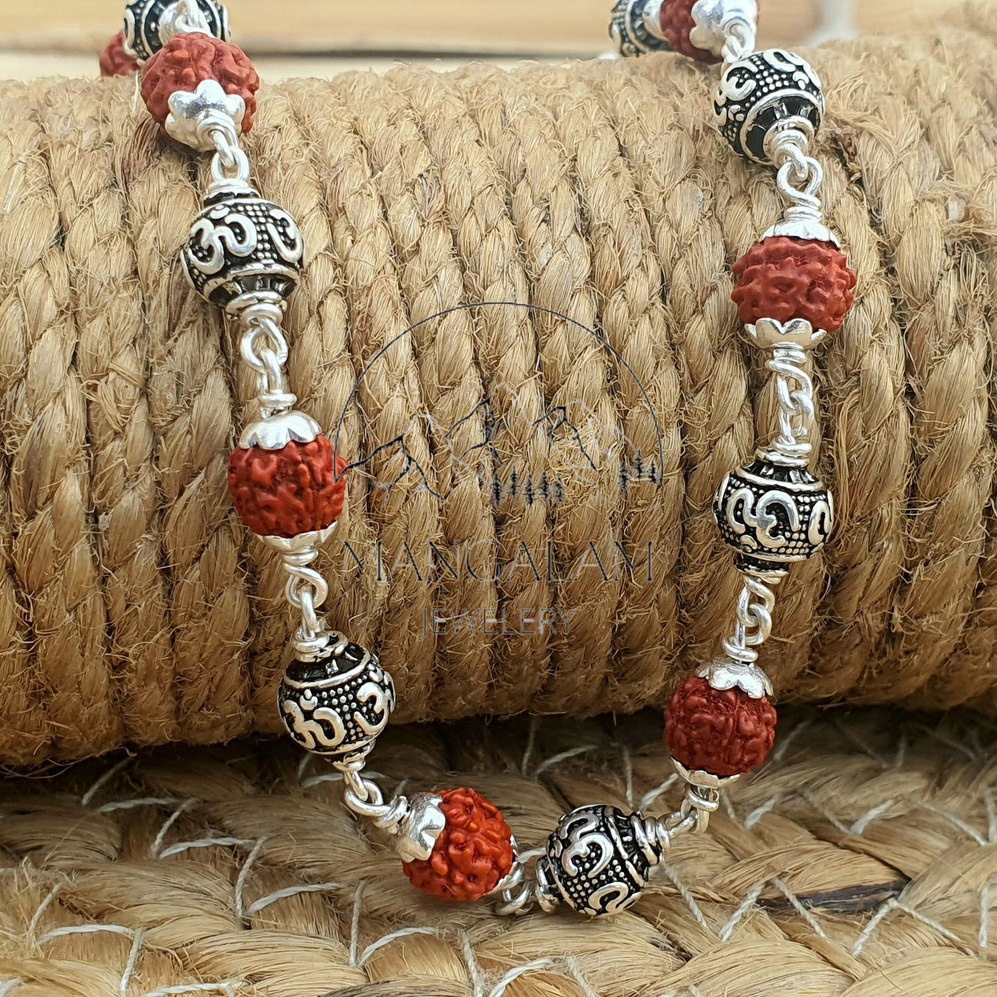 925 Sterling Silver Capped Rudraksha Beads Bracelet with Om Charm, Rudraksha Bracelet, Om Bracelet, Silver Bracelet