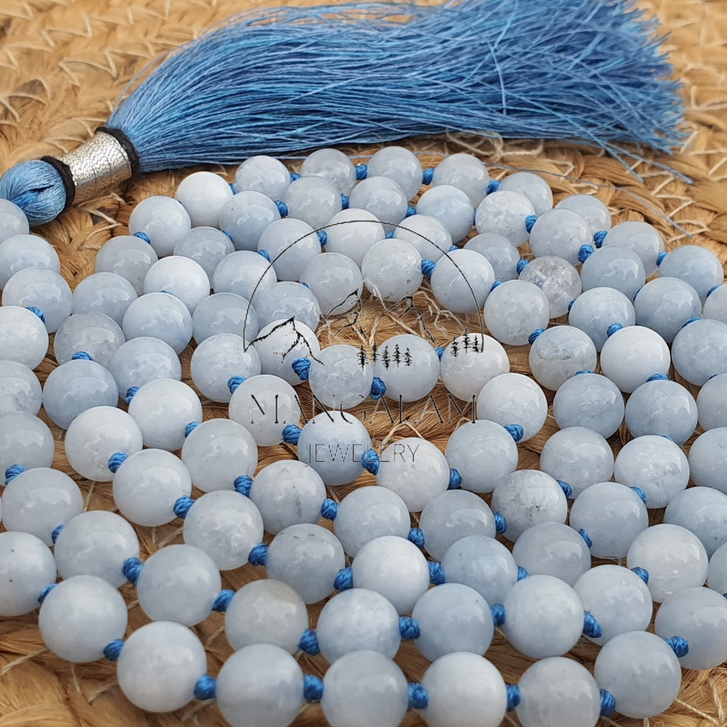 Natural AAA Celestite Mala Beads 108 , Statement Necklace, Knotted 108 Bead Mala , Japa Mala, Hand Made, Prayer Beads Necklace