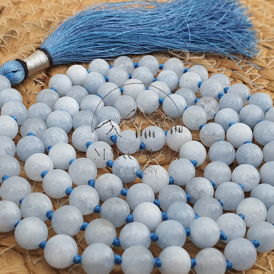 Natural AAA Celestite Mala Beads 108 , Statement Necklace, Knotted 108 Bead Mala , Japa Mala, Hand Made, Prayer Beads Necklace