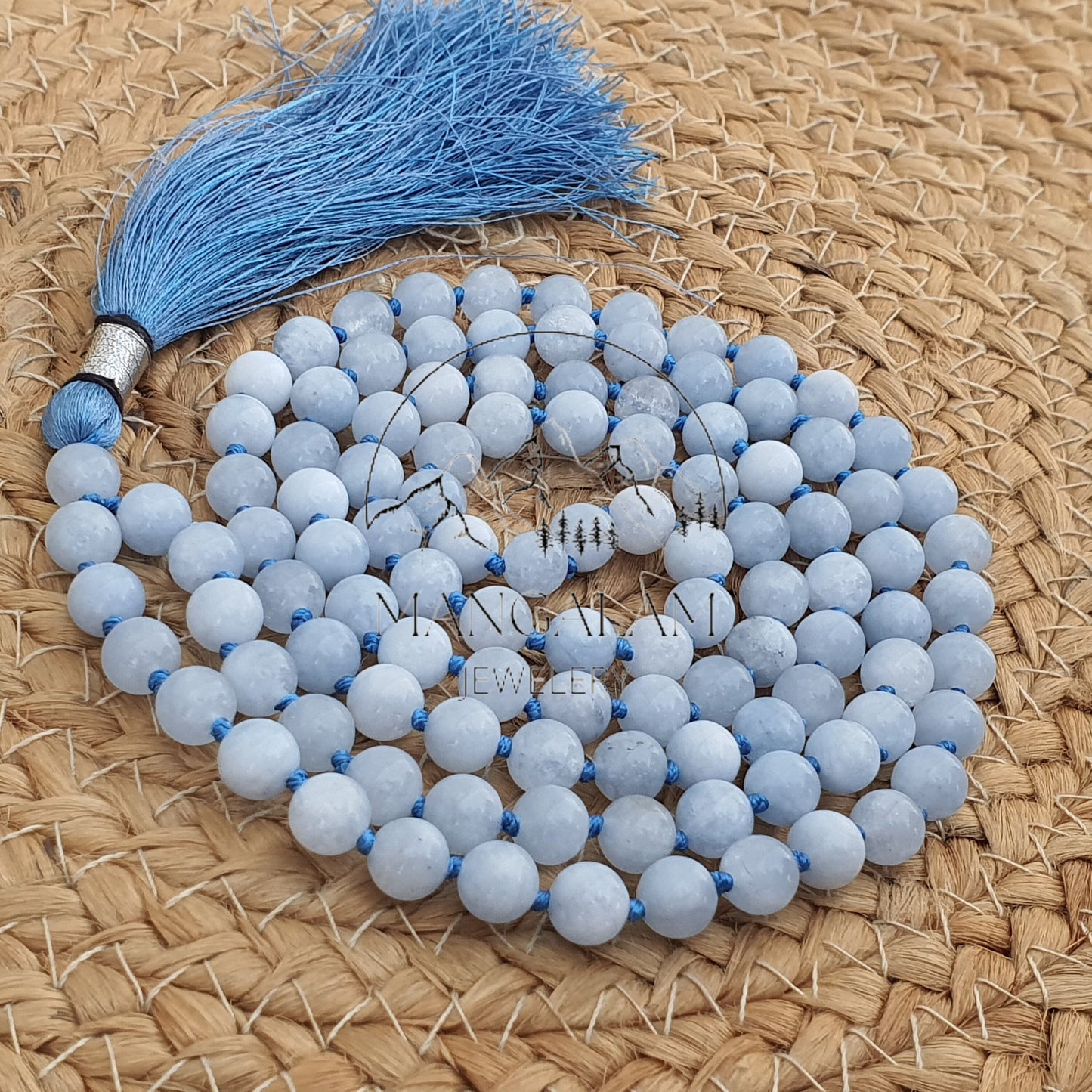 Natural AAA Celestite Mala Beads 108 , Statement Necklace, Knotted 108 Bead Mala , Japa Mala, Hand Made, Prayer Beads Necklace