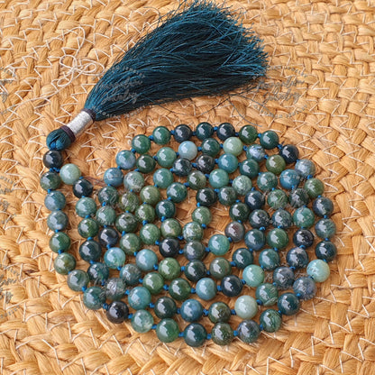 Moss Agate Mala for Self Renewal, Moss Agate Necklace, Statement Necklace - Handcrafted Knotted, 108 Mala Beads