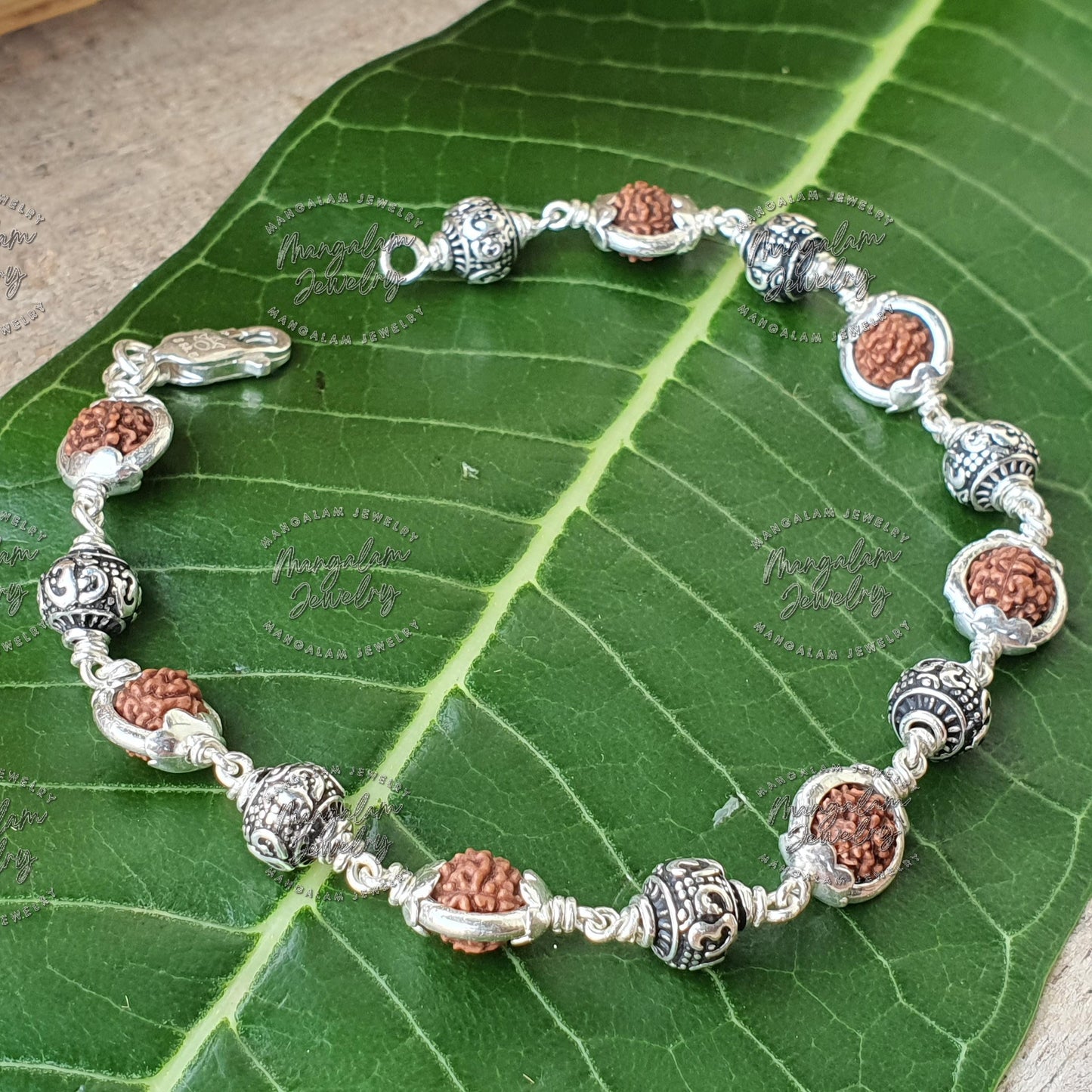 Om Charm Bracelet, 925 Sterling Silver Rudraksha Beads Bracelet, Rudraksha Bracelet,Om Bracelet, Sterling Silver Bracelet