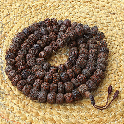 Tibetan Nepal 108 Old Oiled Rudraksh Bodhi Prayer Beads- Big 18mm Size Beads, Protection Necklace, Rudraksha Mala, Hindu Prayer Beads