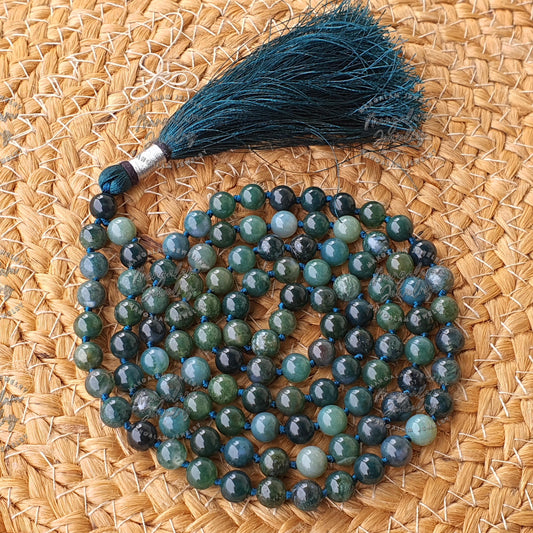 Moss Agate Mala for Self Renewal, Moss Agate Necklace, Statement Necklace - Handcrafted Knotted, 108 Mala Beads