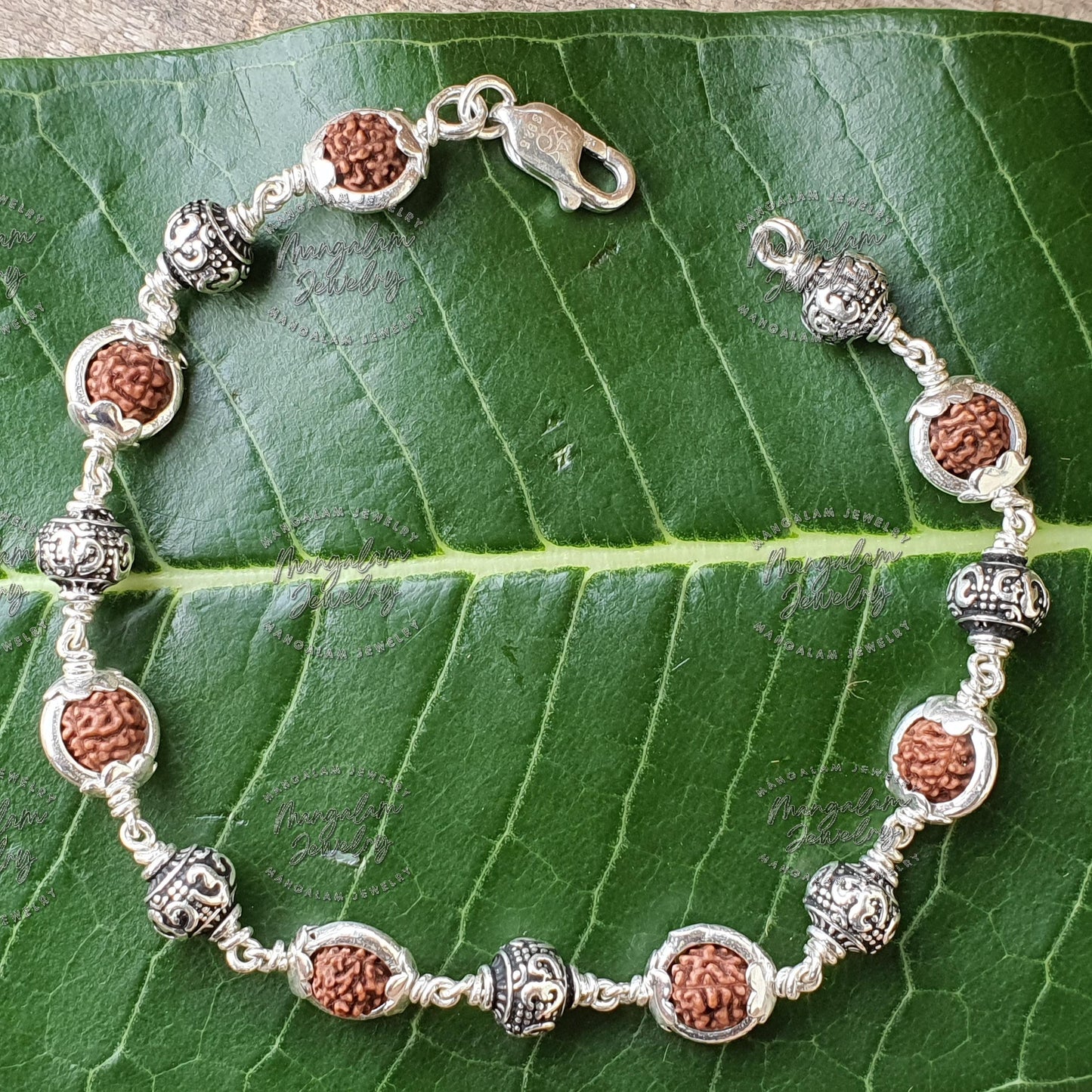 Om Charm Bracelet, 925 Sterling Silver Rudraksha Beads Bracelet, Rudraksha Bracelet,Om Bracelet, Sterling Silver Bracelet