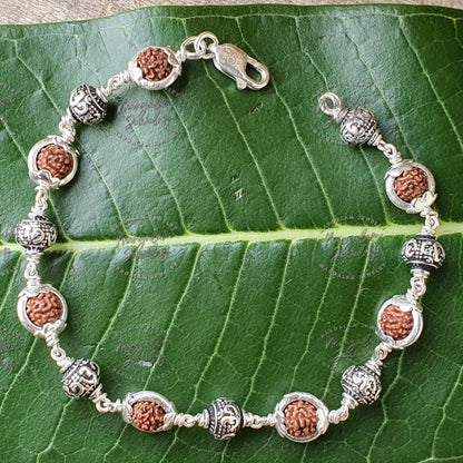 Om Charm Bracelet, 925 Sterling Silver Rudraksha Beads Bracelet, Rudraksha Bracelet,Om Bracelet, Sterling Silver Bracelet