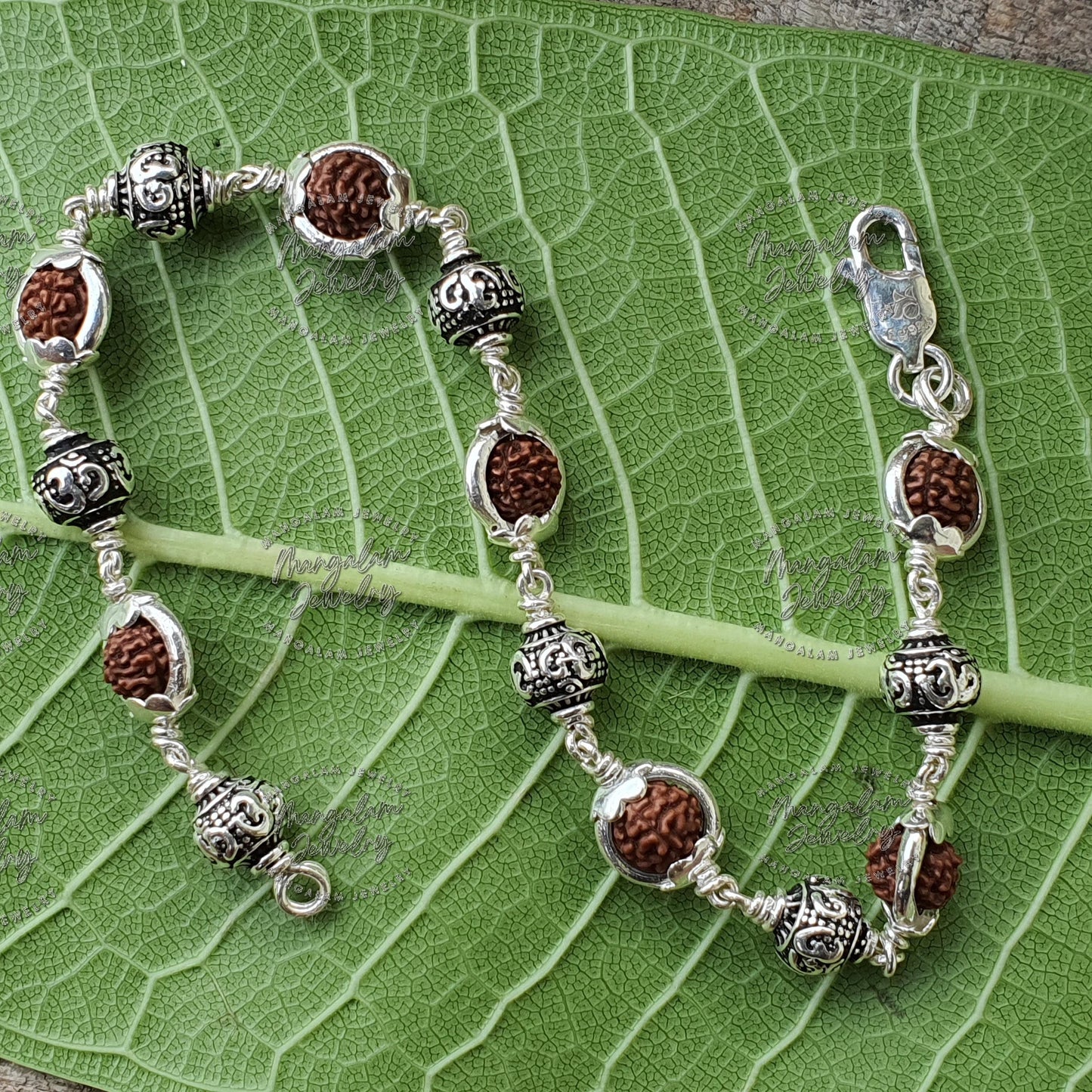 Om Charm Bracelet, 925 Sterling Silver Rudraksha Beads Bracelet, Rudraksha Bracelet,Om Bracelet, Sterling Silver Bracelet
