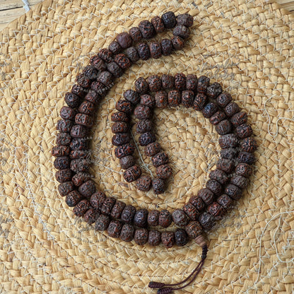 Tibetan Nepal 108 Old Oiled Rudraksh Bodhi Prayer Beads- Big 18mm Size Beads, Protection Necklace, Rudraksha Mala, Hindu Prayer Beads