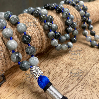 Gray Tiger Eye Mala, Hand Knotted Mala, Prayer Beads, Gray Tiger Eye Necklace, 108 Mala Beads, Statement Necklace, Gift For Yoga Lover