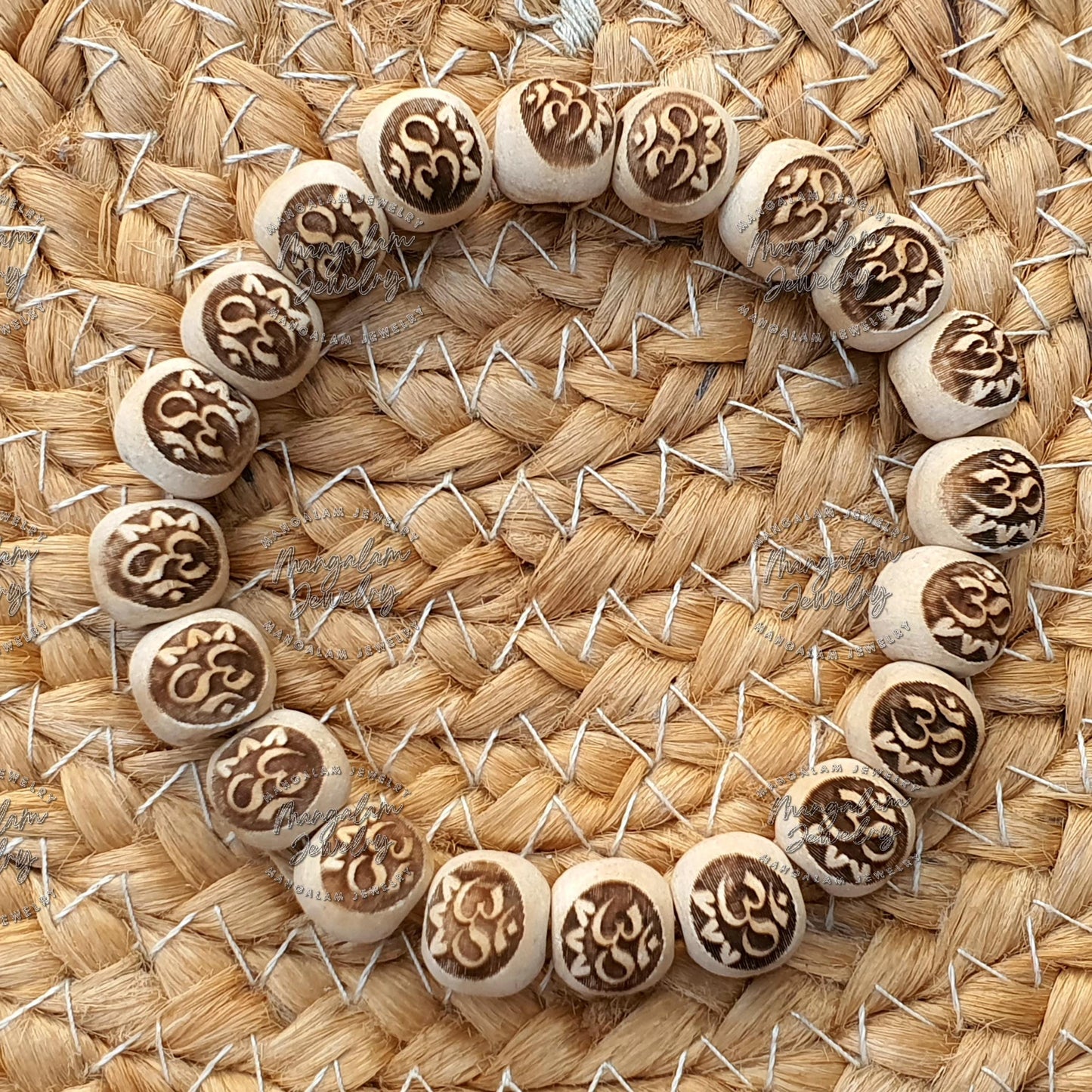 Handcarved Om & Swastik Tulsi Bracelet, Tulasi Bracelet, Pure Tulsi Beads, Holy Basil Seeds, Tulsi Basil Mala Bracelet, Yoga Gifts -Handmade