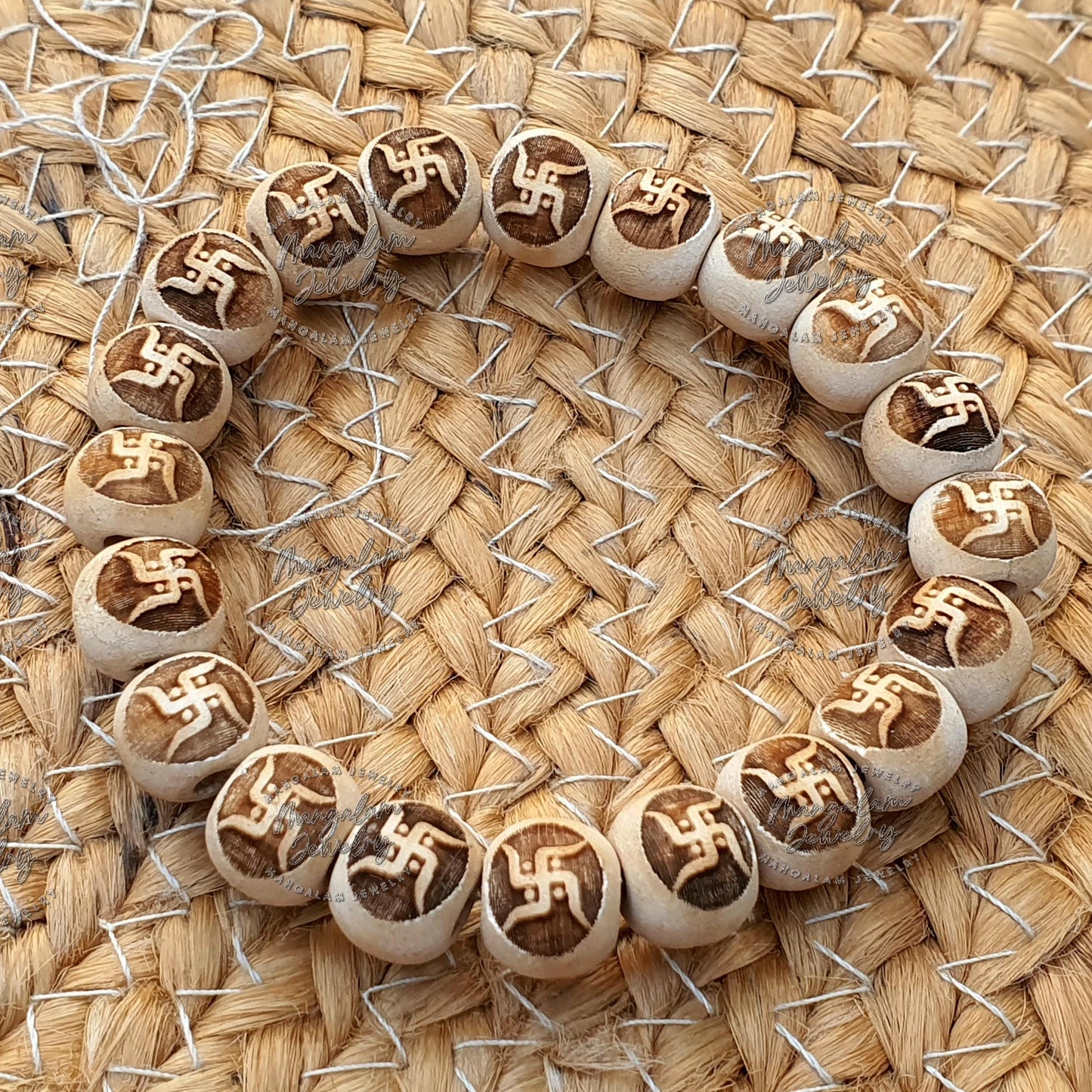 Handcarved Om & Swastik Tulsi Bracelet, Tulasi Bracelet, Pure Tulsi Beads, Holy Basil Seeds, Tulsi Basil Mala Bracelet, Yoga Gifts -Handmade