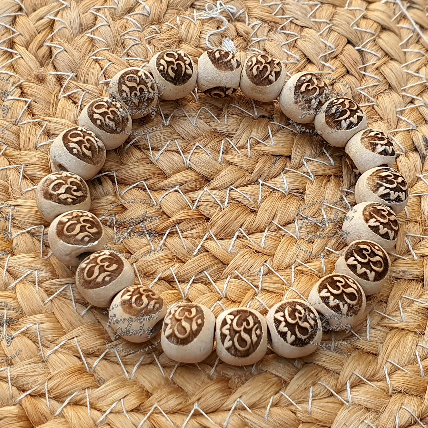 Handcarved Om & Swastik Tulsi Bracelet, Tulasi Bracelet, Pure Tulsi Beads, Holy Basil Seeds, Tulsi Basil Mala Bracelet, Yoga Gifts -Handmade