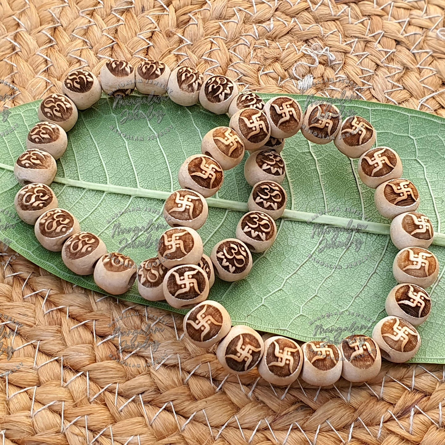 Handcarved Om & Swastik Tulsi Bracelet, Tulasi Bracelet, Pure Tulsi Beads, Holy Basil Seeds, Tulsi Basil Mala Bracelet, Yoga Gifts -Handmade