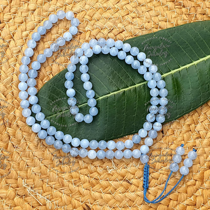 Celestite Tibetan Necklace For Connecting With Angels, Celestite Mala, Statement Necklace 108 Bead Japa Mala, Gift For Yoga Lover