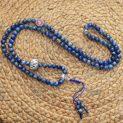 Tibetan Lapis Lazuli 108 Mala Bead with Conch bead and brass OM bead Genuine Lapis Lazuli Tibetan Mala