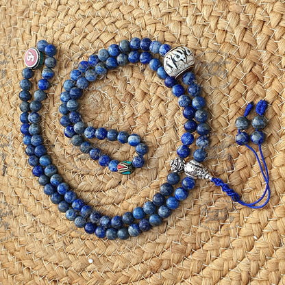 Tibetan Lapis Lazuli 108 Mala Bead with Conch bead and brass OM bead Genuine Lapis Lazuli Tibetan Mala
