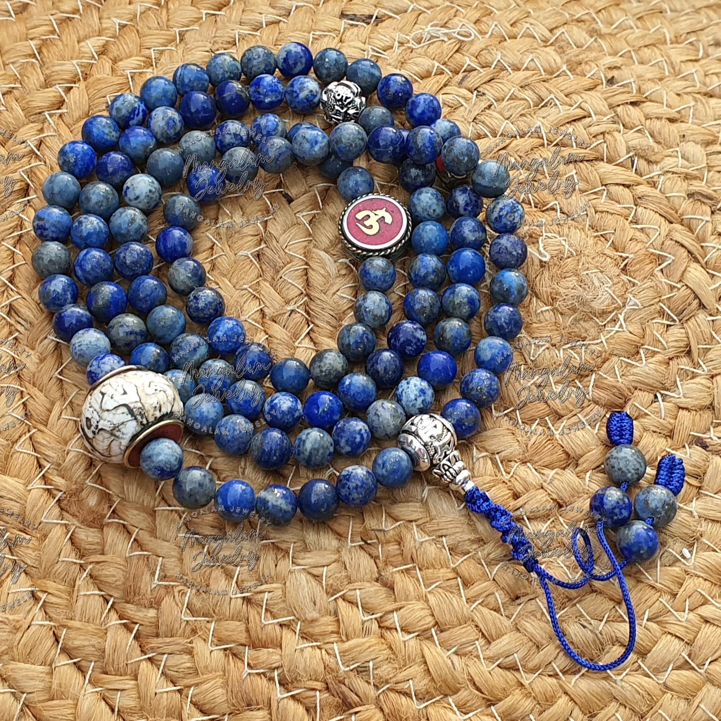 Tibetan Lapis Lazuli 108 Mala Bead with Conch bead and brass OM bead Genuine Lapis Lazuli Tibetan Mala