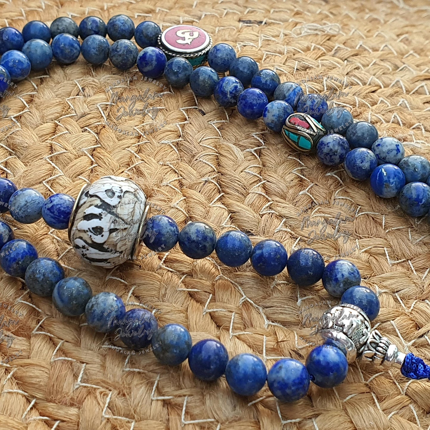 Tibetan Lapis Lazuli 108 Mala Bead with Conch bead and brass OM bead Genuine Lapis Lazuli Tibetan Mala