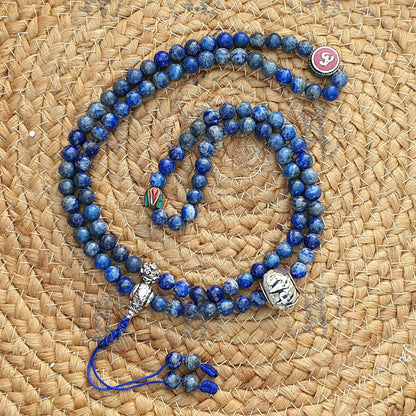 Tibetan Lapis Lazuli 108 Mala Bead with Conch bead and brass OM bead Genuine Lapis Lazuli Tibetan Mala
