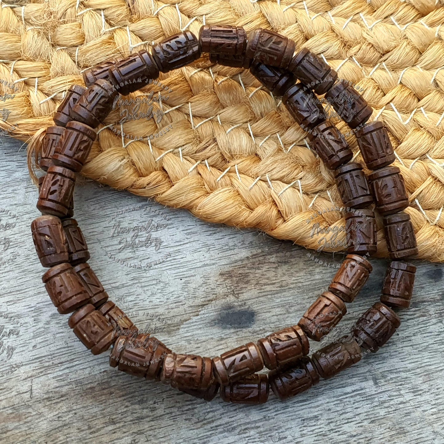 Radhe Radhe Engraved Tulasi Bead Necklace Kanthi, India Women Men Mala Religious Jewelry, Hindu Krishna Prayer Mala, Holy Basil Wood Bead