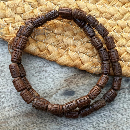 Radhe Radhe Engraved Tulasi Bead Necklace Kanthi, India Women Men Mala Religious Jewelry, Hindu Krishna Prayer Mala, Holy Basil Wood Bead
